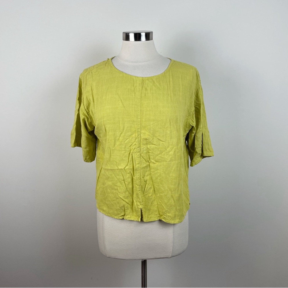Kleen Solid Yellow Green Linen Short Sleeve Blouse Top Women Small